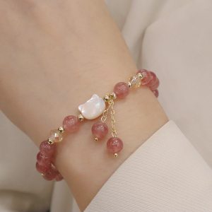 Buddha Stones Natural Strawberry Quartz Morganite Tridacna Stone Cat Love Bracelet Bracelet BS Strawberry Quartz Tridacna Stone Cat(Wrist Circumference 12-14cm)