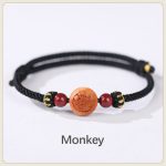 Buddha Stones Natural Peach Wood Chinese Zodiac Fu Character Carved Cinnabar Wealth Bracelet Bracelet BS Monkey-Black(Wrist Circumference 14-22cm)