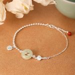Buddha Stones 925 Sterling Silver Hetian Jade Peace Buckle Fu Character Luck Chain Bracelet Bracelet BS 2
