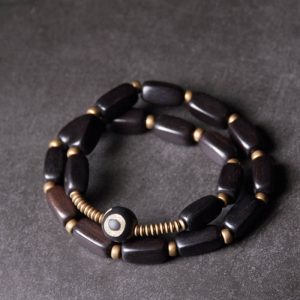 Buddha Stones Tibet Ebony Wood Dzi Bead Copper Balance Double Wrap Bracelet Bracelet BS Ebony Wood Round Dzi Bead 17-17.5cm(Double Wrap)