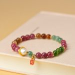 Buddha Stones Natural Multicolored Tourmaline Pearl Auspicious Character Charm Wisdom Bracelet Bracelet BS 1