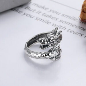 Buddha Stones 925 Sterling Silver Year Of The Dragon Luck Strength Adjustable Metal Ring Ring BS 925 Sterling Silver(Adjustable)