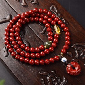 Buddha Stones Tibetan Cinnabar Peace Buckle Triple Wrap Blessing Bracelet Mala Mala Bracelet BS Cinnabar