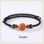 Buddha Stones Natural Peach Wood Chinese Zodiac Fu Character Carved Cinnabar Wealth Bracelet Bracelet BS Snake-Black(Wrist Circumference 14-22cm)