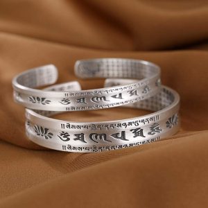 Buddha Stones 999 Sterling Silver Om Mani Padme Hum Lotus Wisdom Bracelet Bangle Bracelet Bangle BS main