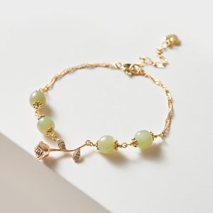 Buddha Stones 14K Gold Plated Hetian Jade Golden Rose Flower Luck Chain Bracelet Bracelet BS Jade(Prosperity♥Abundance)(Wrist Circumference 13-18cm)