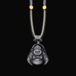 Buddha Stones Natural Silver Sheen Obsidian Laughing Buddha Protection Necklace Pendant Necklaces & Pendants BS Laughing Buddha Light Gray Necklace