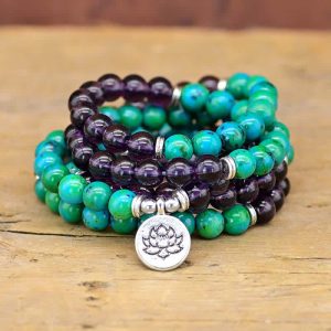 Buddha Stones Amethyst Green Aventurine Spiritual Lotus Charm Bracelet Mala Bracelet BS Amethyst&Green Aventurine