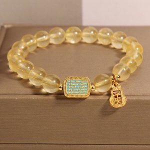 Buddha Stones Natural Citrine Five Scriptures Generosity Bracelet Bracelet BS Citrine(Wrist Circumference: 14-18cm)