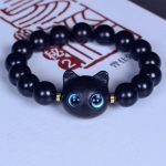Buddha Stones Ebony Wood Liuli Glass Lovely Cat Peace Balance Bracelet Bracelet BS Ebony 12mm*15 Beads(Wrist Circumference 14-16cm)