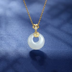 Buddha Stones White Jade Peace Buckle Blessings Luck Necklace Pendant Necklaces & Pendants BS Gold