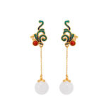 Buddha Stones Vintage White Jade Red Agate Bead Blessing Drop Dangle Earrings Earrings BS 7