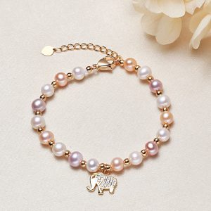 Buddha Stones 18K Gold Plated Pearl Elephant Zircon Charm Sincerity Bracelet Bracelet BS Pearl(Healing♥Wisdom)