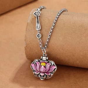 Buddha Stones Tibet Copper Lotus Luck New Begining Necklace Pendant Necklaces & Pendants BS Pink Lotus Necklace(Necklace Length: 60cm)