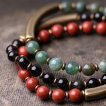 Buddha Stones Red Jasper Moss Agate Black Obsidian Crystal Copper Peace Couple Bracelet Bracelet BS 13