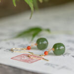 Buddha Stones 925 Sterling Silver 14K Gold Plated Hetian Jade Red Agate Luck Drop Dangle Earrings Earrings BS 15