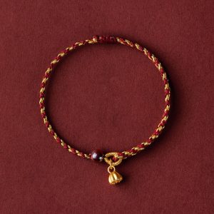 Buddha Stones Handcrafted Red Gold Rope Lotus Peace And Joy Charm Braid Bracelet Bracelet BS Golden Lotus Pod Charm Dark Red Gold(Wrist Circumference 14-16cm)