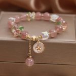 Buddha Stones Strawberry Quartz Lucky Four Leaf Clover Healing Charm Bracelet Bracelet BS 1