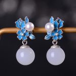 Buddha Stones White Jade 925 Sterling Silver Pearl Flower Blessing Necklace Pendant Ring Earrings Bracelet Necklaces & Pendants BS Silver Earrings