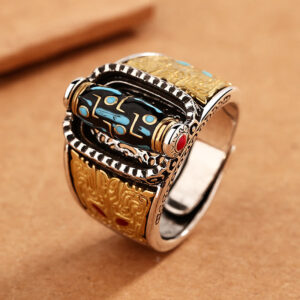 Buddha Stones Tibetan Nine-Eye Dzi Bead Wealth Blessings Rotatable Ring Ring BS Nine-Eye Dzi Bead(Wealth♥Protection)