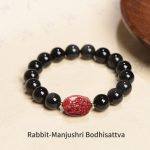 Buddha Stones Chinese Zodiac Natal Buddha Natural Black Obsidian Cinnabar Purification Bracelet Bracelet BS 10mm Rabbit-Manjushri Bodhisattva(Wrist Circumference 14-17cm)