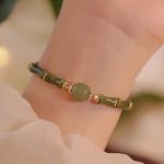 Buddha Stones 14K Copper Plated Peridot Hetian Jade Bamboo Pattern Luck Bracelet Bracelet BS Green Hetian Jade Bead Peridot Bamboo(Wrist Circumference 14-15cm)