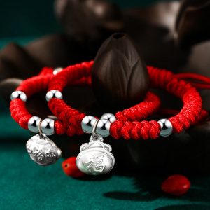 Buddha Stones 925 Sterling Silver Handmade Fu Character Lucky Money Bag Chinese Lock Charm Bell Lotus Copper Coin King Kong Knot Braided Kids Bracelet Bracelet BS main