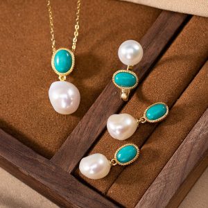 Buddha Stones 925 Sterling Silver Pearl Turquoise Healing Ring Earrings Necklace Pendant Necklaces & Pendants BS Set (Necklace+Earrings+Ring)