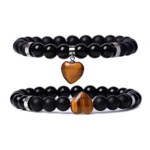 Buddha Stones 2Pcs Black Onyx Crystal Stone Love Heart Protection Support Couple Bracelet Bracelet BS Black Onyx&Tiger Eye