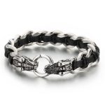Buddha Stones Dragon Leather Titanium Steel Protection Luck Braided Bracelet Bracelet BS Silver&Black