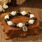 Buddha Stones Tibetan Zakiram Goddess of Wealth Charm Liuli Glass Incense Ash Porcelain Bead Protection Bracelet Bracelet BS White Porcelain Green Liuli Glass Bead