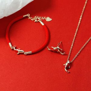 Buddha Stones Copper Koi Fish Wealth Necklace Pendant Red Rope Bracelet Earrings Set Bracelet Necklaces & Pendants BS 3Pcs(Bracelet Necklace&Earrings)