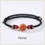 Buddha Stones Natural Peach Wood Chinese Zodiac Fu Character Carved Cinnabar Wealth Bracelet Bracelet BS Horse-Black(Wrist Circumference 14-22cm)