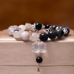 Buddha Stones Silver Sheen Obsidian Crackle Clear Quartz Black Rutilated Quartz Yin Yang Lotus Protection Bracelet Bracelet BS 15