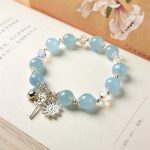 Buddha Stones 925 Sterling Silver Natural Aquamarine Serenity Flower Love Key Charm Bracelet Bracelet BS 3