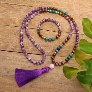Buddha Stones Tibetan Amethyst Purify Bracelet Mala Set Mala Bracelet BS Set