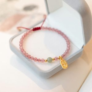 Buddha Stones Natural Strawberry Quartz Garnet Jade Lucky Fortune Fu Character Healing Charm Bracelet Bracelet BS Strawberry Quartz(Love♥Healing)(Wrist Circumference 15-20cm)