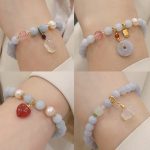 Buddha Stones Natural Aquamarine Chalcedony Serenity Rabbit Gourd Cat Charm Bracelet Bracelet BS main