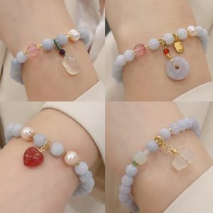Buddha Stones Natural Aquamarine Chalcedony Serenity Rabbit Gourd Cat Charm Bracelet Bracelet BS main