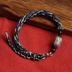 Buddha Stones 925 Sterling Silver Koi Fish Wealth Reincarnation Knot Braid String Bracelet Bracelet BS Reincarnation Knot(Wrist Circumference 15-21cm)