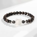 Buddha Stones Natural Silver Sheen Obsidian Cute Cat Head Protection Bracelet Bracelet BS Silver Sheen Obsidian&White Agate(Wrist Circumference 14-15cm)