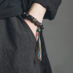 Buddha Stones Tibet Ebony Wood Copper Peace Tassel Wrist Mala Bracelet Wrist Mala BS 1