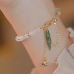 Buddha Stones 14K Gold Plated Hetian White Jade Bamboo Leaf Luck Protection Bracelet Bracelet BS Hetian White Jade(Protection♥Happiness)(Wrist Circumference 14-15cm)