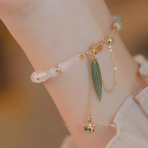Buddha Stones 14K Gold Plated Hetian White Jade Bamboo Leaf Luck Protection Bracelet Bracelet BS Hetian White Jade(Protection♥Happiness)(Wrist Circumference 14-15cm)