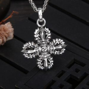 Buddha Stones 925 Sterling Silver Double Dorje Vajra Spiritual Strength Necklace Pendant Necklaces & Pendants BS main