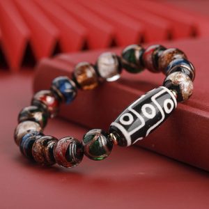 Buddha Stones Tibetan Nine-Eye Dzi Bead Three-eyed Dzi Bead Liuli Glass Bead Wealth Bracelet Bracelet BS Nine-Eye Dzi Bead Multicolored Liuli Glass Bead 14mm