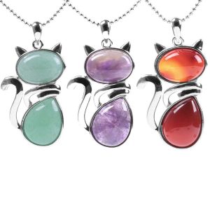 Buddha Stones Cat Pattern Natural Crystal Protection Necklace Pendant Necklaces & Pendants BS main