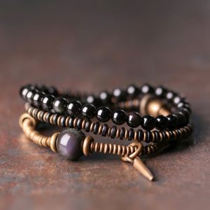 Buddha Stones Rainbow Obsidian Ebony Wood Copper Healing Triple Wrap Bracelet Bracelet BS Rainbow Obsidian 18cm
