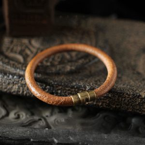 Buddha Stones Retro Leather Luck Healing Copper Magnetic Buckle Bracelet Bracelet Bangle BS Brown 20-21cm