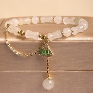 Buddha Stones Tianshan White Jade Bamboo Pattern Luck Blessing Bracelet 1